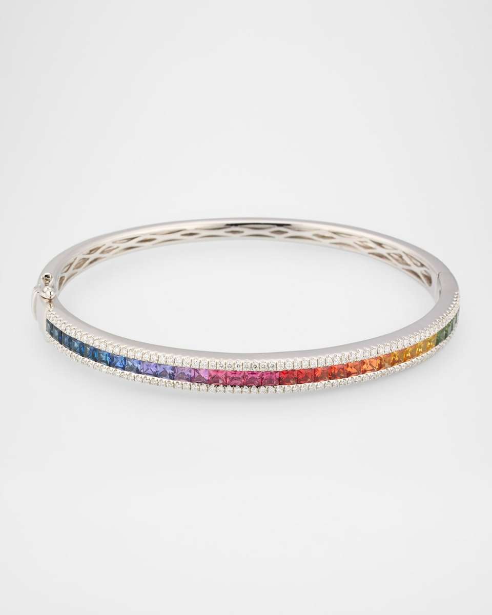 18K White Gold Golden Rainbow Sapphire and Diamond Bangle Bracelet